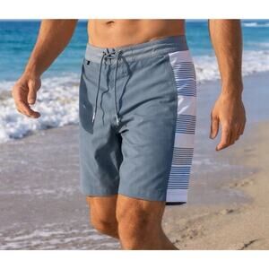 Dark Seas Board Shorts Mens 30 Gray Stripe Surf Swim Repreve 18 Inch NWT
